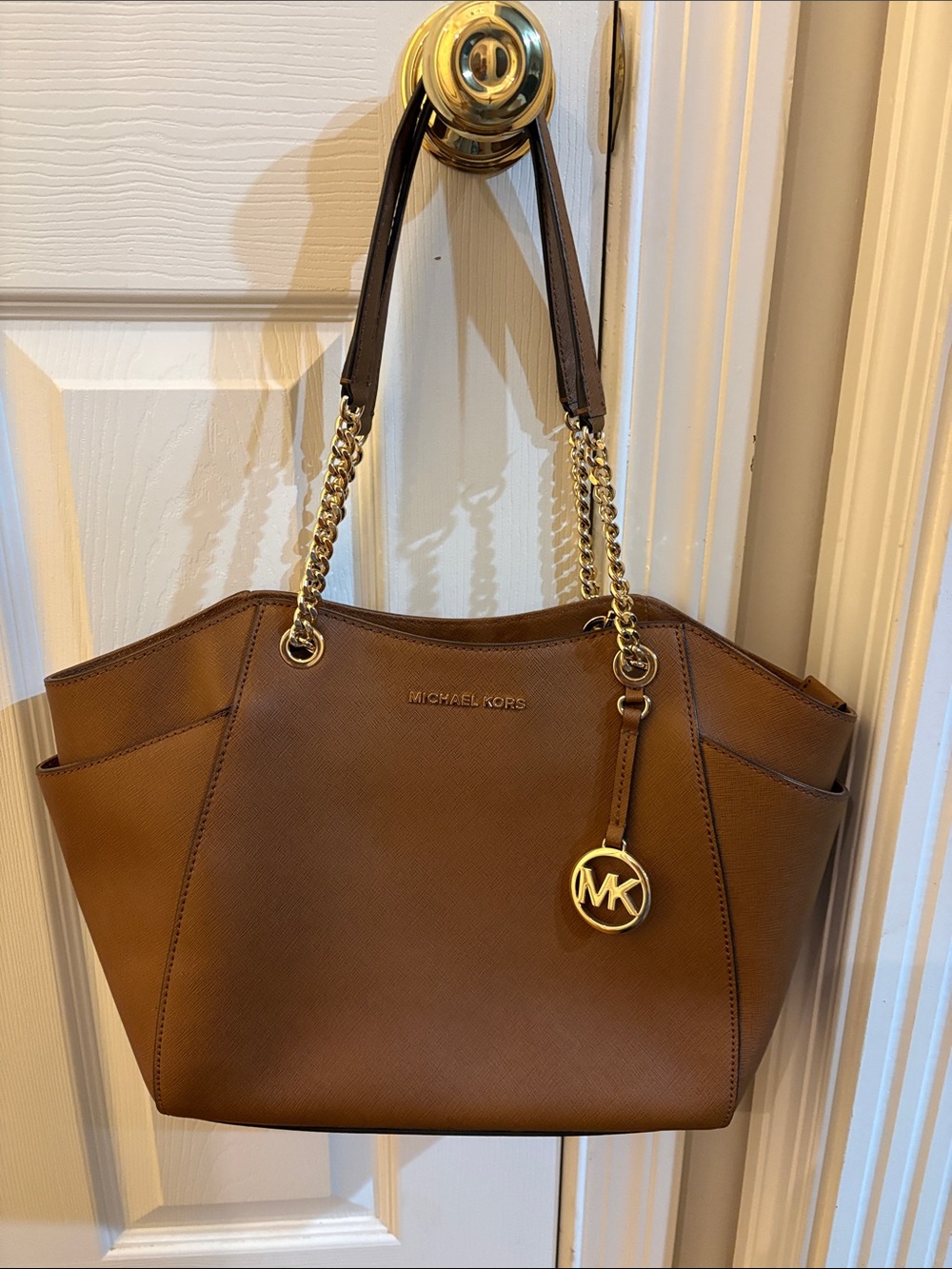 Michael Kors Cognac Saffiano Leather Shoulder Tote with Gold Hardware